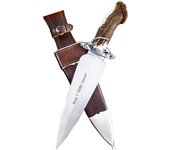 Cuchillo de remate Muela Podenco PODENCO.E, puño con asta de ciervo, presentado en estuche de madera, hoja de acero inoxidable MOVA de 24,5 cm + tarjeta multiusos de regalo