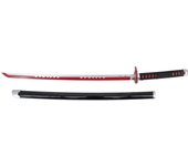 Katana Bambú LED S6047 de Demon Slayer Katana Mingshao empuñada por Kamado Tanjirou réplica no oficial de 68,5 cm hoja de bambú en rojo y gris, con tira de led en color rojo, mango encordado negro. Mecanismo de pilas AAA, vaina negra con detalles en gris.