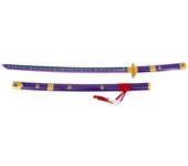 Katana Bambú LED S6054 de Enma de Zoro de One Piece réplica no oficial de 68,5 cm hoja de bambú en lila, azul y negro, con tira de led en color lila, mango lila con con detalles dorado. Mecanismo de pilas AAA, vaina lila con detalles en dorado .