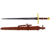 Espada S7012 de Elden Ring, espada recta de juramentado, réplica no oficial, con un tamaño total de 96,5 cm con hoja de acero con decoración en negro, mango con encordado burdeos de polipiel, pomo y cruz acabados en dorado, con vaina de polipiel marrón.