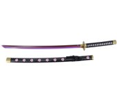 Katana Bambú LED S6051 Shusui de Zoro de One Piece réplica no oficial de 68,5 cm hoja de bambú acabada en negro con dentado en rojo, con tira de led en color morado, mango con encordado negro con piel de imitación de raya color blanco. Mecanismo de pilas