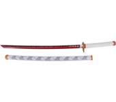 Katana Bambú LED S6048 de Demon Slayer empuñada por Rengoku Kyoujurou réplica no oficial de 68,5 cm hoja de bambú en rojo y negro, con tira de led en color rojo, mango encordado blanco. Mecanismo de pilas AAA, vaina blanca con detalles en azul.