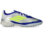 Adidas - Bota de fútbol F50 League Turf Niño Messi, Unisex, Silver Met-Solar Yellow-Lucid Blue, 5 UK