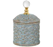 Tibor de Cerámica Celeste/Oro con Bola Cristal En Tapa