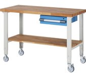 eurokraft pro Banco de trabajo rodante Serie 7000, 2 ruedas fijas/2 de maniobra, 1 cajón, estante, A x P del tablero 1500 x 700 mm