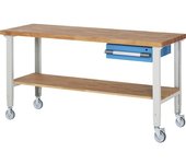 eurokraft pro Banco de trabajo rodante Serie 7000, 2 ruedas fijas/2 de maniobra, 1 cajón, estante, A x P del tablero 2000 x 700 mm