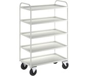 Kongamek Carro con pisos KM41, 5 pisos con remate, L x A x H 955 x 550 x 1490 mm, blanco, 2 ruedas de maniobra con freno, 2 ruedas fijas