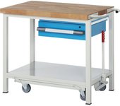 eurokraft pro Banco de trabajo móvil y descendible, construcción de bastidor Serie 8000, 1 cajón colgante, repisa, A x P 1000 x 700 mm