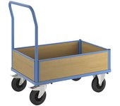 eurokraft pro Carro de plataforma con paredes de madera, con 4 paredes de media altura, L x A 1050 x 700 mm, cubiertas de caucho macizo