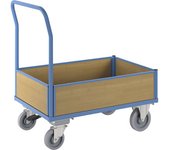 eurokraft pro Carro de plataforma con paredes de madera, con 4 paredes de media altura, freno centralizado, L x A 1100 x 700 mm, totalmente elástico
