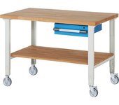 eurokraft pro Banco de trabajo rodante Serie 7000, 2 ruedas fijas/2 de maniobra, 1 cajón, estante, A x P del tablero 1500 x 900 mm