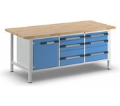 eurokraft pro Banco de trabajo, construcción de bastidor Serie 8000, 6 cajones: 2 x 90, 2 x 180, 2 x 270 mm y 1 puerta de 540 mm, A x P 2000 x 900 mm