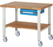 eurokraft pro Banco de trabajo rodante Serie 7000, 4 ruedas de maniobra, 1 cajón, estante, A x P del tablero 1250 x 900 mm