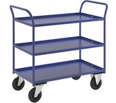 Kongamek Mesa rodante KM41, 3 pisos con remate, L x A x H 1070 x 550 x 1000 mm, azul, 2 ruedas de maniobra y 2 fijas