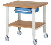 eurokraft pro Banco de trabajo rodante Serie 7000, 2 ruedas fijas/2 de maniobra, 1 cajón, estante, A x P del tablero 1000 x 900 mm