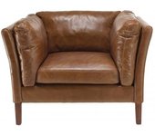 MACABANE Sillón vintage de piel marrón y patas de madera