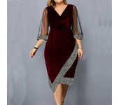 Plus Size L-5XL Women Elegant V-Neck Party Dress Velvet Irregular Silver Thread Sheer Mesh Hi-Low Dress Fashion Evening Gowns