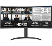 Lg ultrawide monitor 34” curvo led va wqhd 100hz - respuesta 5ms - angulo de vision 178º - ajustable en altura e inclinacion - 21:9 - usb-a, usb-c 65w, hdmi, displayport - vesa 100x100mm