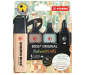 Stabilo Boss Naturecolors Pack de 4 Marcadores - Trazo 2 y 5mm - Tinta Base Agua - Colores Negro, Beige, Gris Cálido, Verde Tierra - Resalta Textos