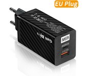 Cargador GaN de 65W QC3.0 + tipo C PD65W 5V/3A 9V/3A 12V/3A 15V/3A 20V/3.25A 65W, carga rápida máxima para teléfonos portátiles, EE. UU./adaptador europeo