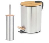 C.A - Papelera de Acero con Tapa de Bambú, 3 - 5L, Cubo de Basura Pequeño Extraíble, con Pedal, Asa para Transportar, para Baño, Cocina o Escritorio