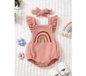 E2363BBaby Girls' Rainbow Embroidered Romper with Ruffle Straps & Headband | Summer Sleeveless Outfit
