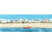 Cuadro "CULATRA" Vertical  Reproducción  lienzo Alta Calidad acuarela marina colorida  arena azules blanco rojo amarillo verde turquesa bote rojo horizonte casas blancas ventanas de colores Calma Paz vacaciones isla Salon Casa playa Ref ANA DURAN A 035