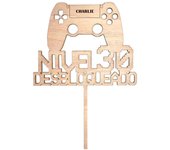 Decoración para tarta de madera | Topper Pastel gamer nivel desbloqueado | Adorno de pastel madera | Decoración fiesta de cumpleaños | Lulamuk