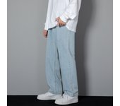 Korean Solid Colors Men's Casual Long Jeans Classic Man Four Seasons Straight Denim Wide-leg Pants Light Blue Grey Black 3XL