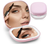 Espejo compacto con aumento 1X/5X y luz LED portátil para maquillaje y cuidado de cejas.