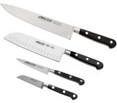 Arcos Set de Cuchillos de Cocina 4 piezas - Cuchillo Profesional - Hoja Acero Inoxidable Forjado NITRUM - Mango Polioximetileno (POM) - Negro - Patatero + Mondador + Santoku + Cocina - Apto Lavavajillas - Marca Arcos