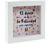 HUCHA DE MADERA Y CRISTAL ESPECIAL PARA REGALO DE CUMPLEAÑOS 15 x 5 x 15cm. Texto:  El dinero no da la felicidad pero caprichos si.