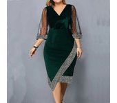 Women Elegant V-Neck Party Dress Plus Size Velvet Irregular Silver Thread Sheer Mesh Hi-Low Dress Summer Fashion Evening Gowns