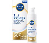 Nivea Sun Primer Sérum UV Diario 2en1, sérum facial con protección solar SPF 50+, protector solar facial que protege y suaviza la piel, con Ácido Hialurónico y Licocalcón A, 1 x 30 ml