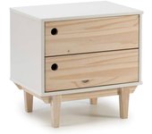 HOMN Mesita de noche 2 cajones color blanco, patas madera natural