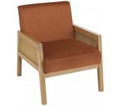 MACABANE Sillón de terciopelo naranja, patas de madera y brazos ratán