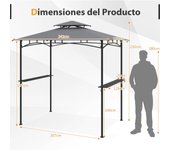 Costway Gazebo para Parrilla 242 x 150 cm Carpa Plegable Exterior de Techo Doble con 2 Estantes 6 Ganchos Estructura Metálica Carpa para BBQ Gris