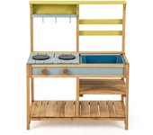 Costway Cocina de Barro Cocina de Juego de Madera Abeto con Estufas Perillas y Fregadero Juego de Cocina al Aire Libre para Niños 3+ Años