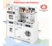 Costway Cocina de Juego para Niños Juguete de Madera con Fregadero Grifo Dispensador de Agua Microondas Horno Lavadora Luces y Sonidos Blanco