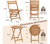 Costway Conjunto de Mesa Redonda y 2 Sillas Plegables de Madera de Acacia para Exterior Interior Mesa y Sillas para Patio Balcón Jardín Natural