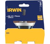 Juego de 3 sierras de corona IRWIN, para madera, diámetros 60, 67 y 74 mm, perforaciones precisas, dientes afilados, para carpintería, cortes limpios y sin astillar.