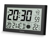 Hama Reloj de Pared Digital (DCF Radio Reloj con termómetro, Reloj con función Despertador, 2 alarmas, visualización de Calendario, día de la Semana, Fases de la Luna, Soporte Plegable, Incluye