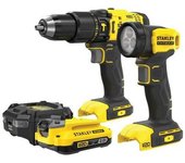 Stanley, SFMCK210D1, set atornilladora impacto 50Nm y linterna LED, sistema V20 20V, batería 2,0Ah incluida, cargador y maletín, montaje y bricolaje, negro con amarillo