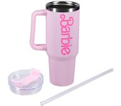 Paladone Barbie - Botella H2O con licencia oficial con logotipo rosa, vaso aislado al vacío de acero inoxidable con tapa y popote para agua, té helado o café