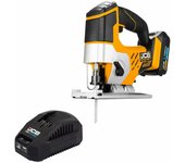Sierra de calar inalámbrica JCB 18 V 2 Ah, herramienta de corte para madera y acero, velocidad de hasta 2500 rpm, agarre en T, incluye batería y cargador, bolsa de transporte.