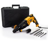 Taladro Percutor Eléctrico JCB SDS Plus 1500W, perforación, impacto y cincelado, mango antivibración, cambio rápido, incluye taladros y cinceles, estuche resistente.