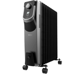 Radiador de aceite de 11 módulos, 2500 W y tecnología 360º con 3 niveles de potencia, cobertura de 28 m², recogecables, control sencillo, asa, ruedas y doble sistema de seguridad.