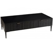 MACABANE Mesa de centro de madera de mango negro con 2 cajones y patas de metal