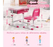 Costway Set Escritorio y Silla para Niños Juego Mesa con Altura Regulable Superficie Inclinable Cajón Mesa de Estudio Rosa