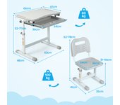 Costway Set Escritorio y Silla para Niños Juego Mesa con Altura Regulable Superficie Inclinable Cajón Mesa de Estudio Gris
